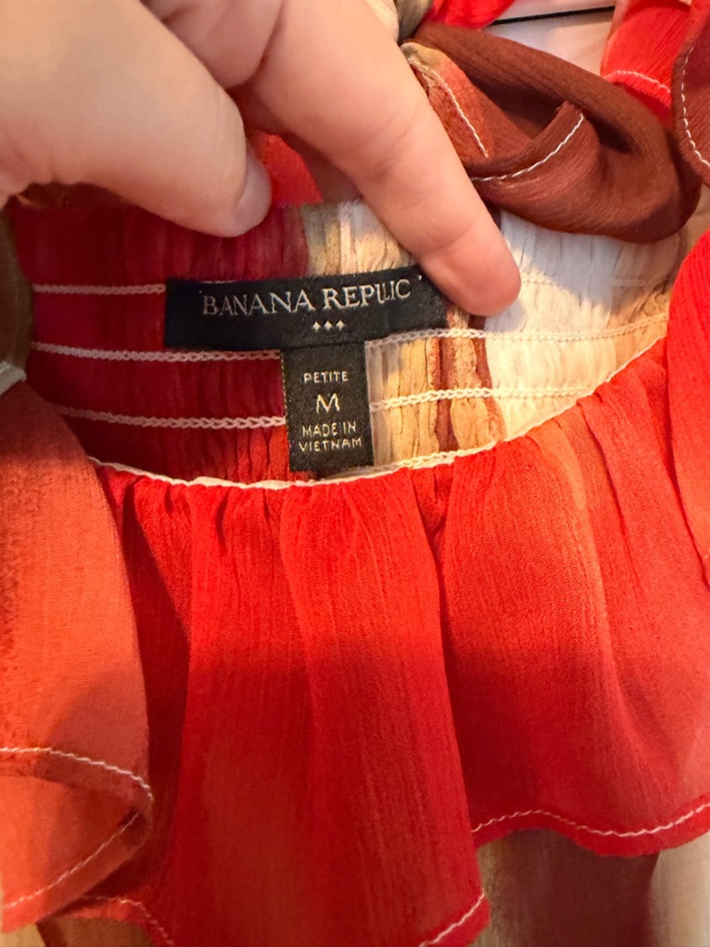 Banana Republic Red, Tan & Cream Ruffle-Neck Sleeveless Dress - Picture 4 of 6